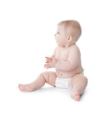 Cute little baby in diaper on white background