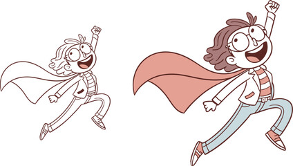 Cartoon Superhero Flying with Cape - Line Art vs. Color.