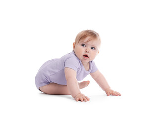 Cute little baby crawling on white background