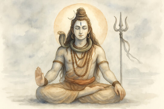 Classic shiva mahadev meditating with trishul and serpent under a golden glow a serene portrayal of divine power perfect for sawan worship and contemplation