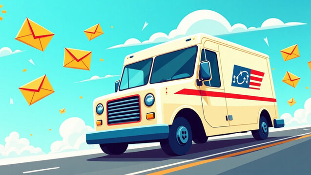 Happy national postal worker day dynamic vector illustration with a speeding mail truck and flying yellow envelopes under a bright blue sky