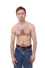 Man before scoliosis treatment on white background
