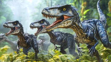 Three velociraptors in a lush jungle