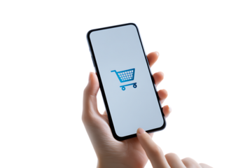 Hands holding smartphone with shopping cart icon.