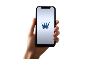 Hand holding smartphone with shopping cart icon.