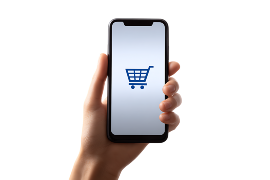 Hand holding smartphone with shopping cart icon.