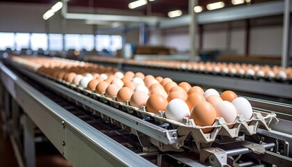 Conveyor belt moves brown and white eggs through a packaging system on a chicken farm. Clean and rustic mix of industry and tradition.