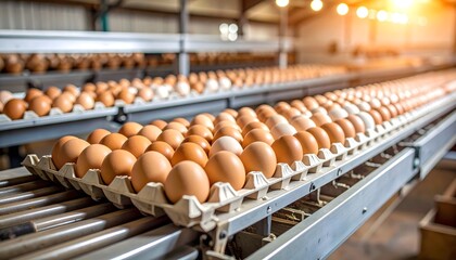 Conveyor belt moves brown and white eggs through a packaging system on a chicken farm. Clean and rustic mix of industry and tradition.