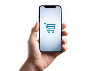 Hand holding smartphone with shopping cart icon.