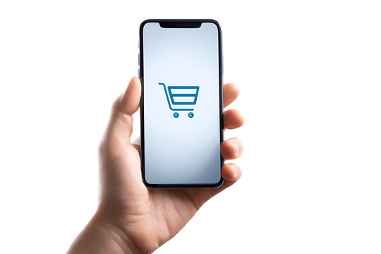 Hand holding smartphone with shopping cart icon.