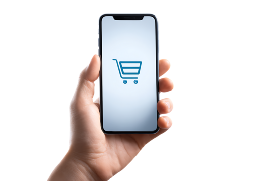 Hand holding smartphone with shopping cart icon.
