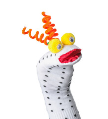 Funny sock puppet with hair isolated on white