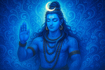 Blissful lord shiva in abhaya mudra against an intricate blue spiritual pattern with the crescent moon mahadev sawan divine illustration