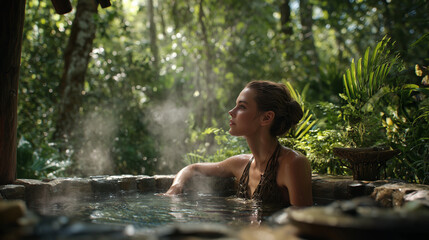 Fototapeta premium A woman relaxing in an outdoor bathtub, surrounded by nature, calm and peaceful atmosphere, perfect for spa, wellness, retreat, and self care inspiration.