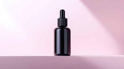 luxury hair serum flatlay in monochrome tone with black bottle, minimalist setup and spotlight contrast on center product