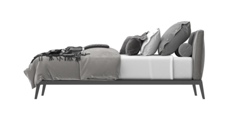 Modern double bed with gray bedding and pillows