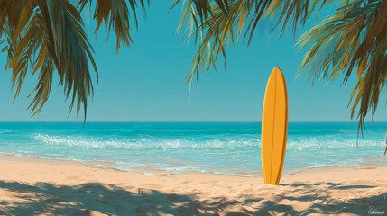 A bright yellow surfboard standing upright in golden beach sand, symbol of summer, surf lifestyle, ocean adventure, tropical holiday, coastal vibe, and outdoor freedom.