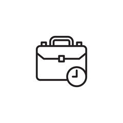 A minimalist line art icon of a briefcase with a clock symbol in the corner, representing business hours, work schedule, or deadlines.
