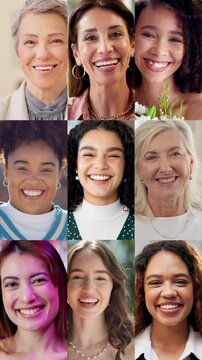 Series, face and women with smile, group and diversity of community, international or multicultural. Different, people and happiness for montage, global and collection of generations and confident