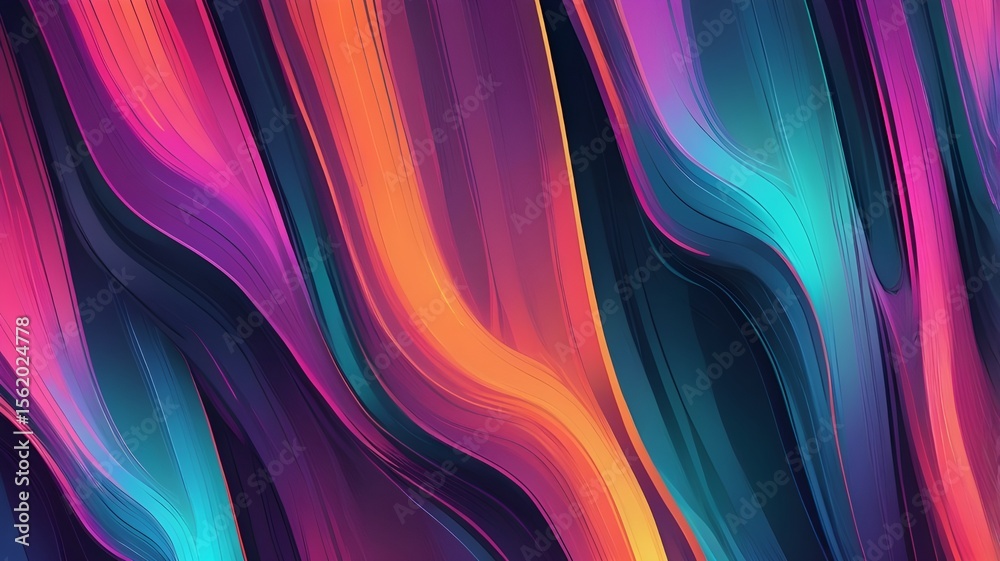 Fototapete Neon ribbed fractal glass texture with vibrant pastel gradients and bright smooth fluted vertical lines. Bold dynamic design blending futuristic tones and radiant colors for modern visual art project