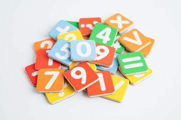 Number wood block cubes for learning Mathematic, education math.