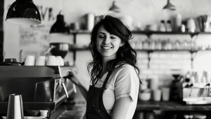 A smiling young woman in a coffee shop or bakery, wearing an apron and likely a barista or staff member, welcoming customers and ready to serve.