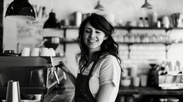 A smiling young woman in a coffee shop or bakery, wearing an apron and likely a barista or staff member, welcoming customers and ready to serve.