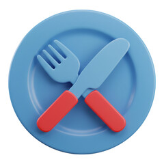 Fototapeta premium Simple 3d rendered blue plate with red handled fork and knife isolated on transparent background