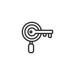 A simple line art icon shows a magnifying glass over a key, symbolizing discovery, search for solutions, or finding a key insight.