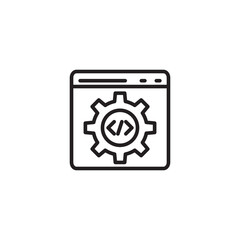 Fototapeta premium A line art icon shows a browser window with a gear and code tags, representing web development, programming, or technical settings.
