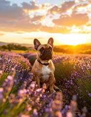 French Bulldog Sunset Lavender Field Dog Pet.