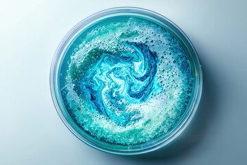 Abstract swirling blue liquid with foam in a glass bowl, creating a mesmerizing visual effect.
