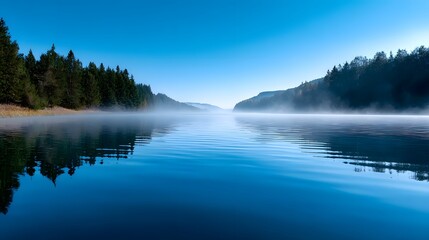 Fototapeta premium Tranquil mountain lake surrounded by misty forests