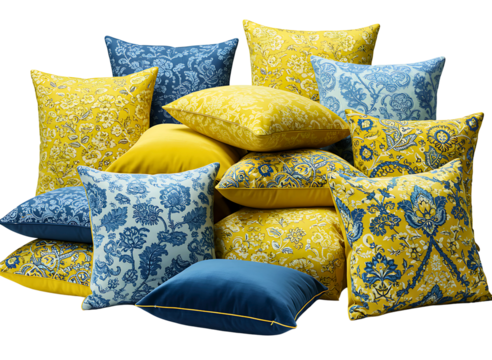 Pile of yellow and blue decorative pillows with floral pattern isolated on transparent background