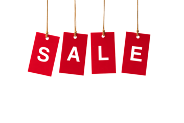 Four red tags spelling SALE, hanging on strings against a black background.