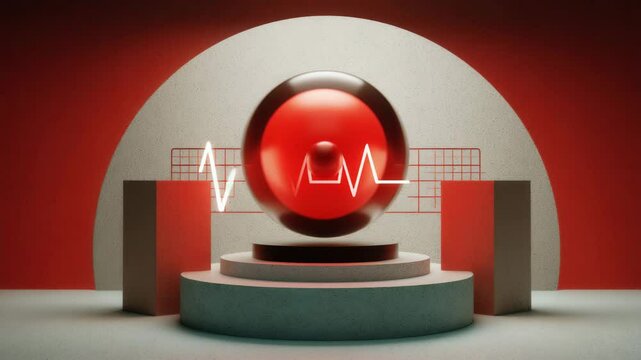 Abstract composition with a red ball emitting a pulsating glowing line on a round plinth between two rectangular blocks against an orange and white arch