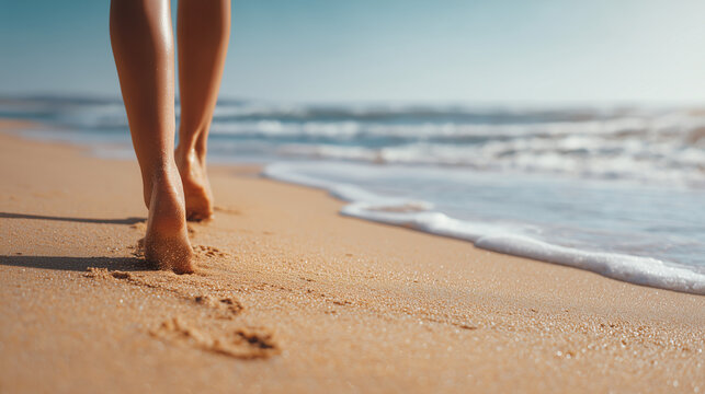 Bare feet of a woman walking on soft golden beach sand, relaxing summer vacation vibe, warm sunlight, natural coastal scenery, peaceful and tranquil atmosphere.