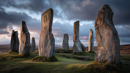 Ancient Callanish standing stones in Scotland, mystical prehistoric site with dramatic sky, historic landmark, Celtic heritage, and mysterious atmosphere for travel and history themes.