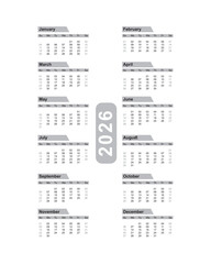 Annual calendar 2026 template. Calendar design in black and white colors