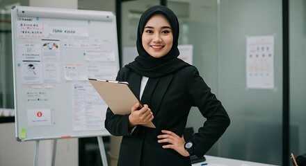 Woman in hijab holding clipboard in office