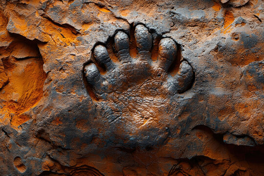 A fossilized five-fingered handprint imprinted on ancient, rust-colored rock.