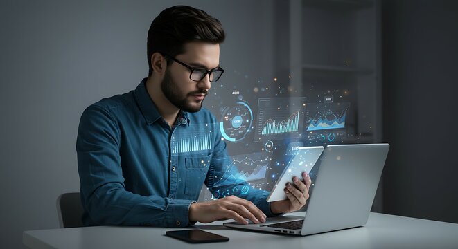 Man with glasses using a laptop and tablet with holographic data projections
