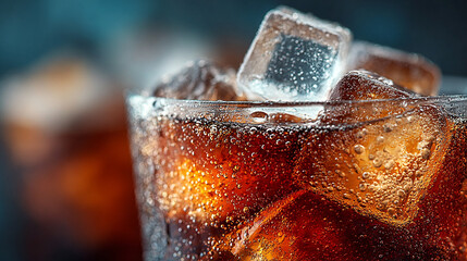 Refreshing cold beverage with ice cubes served in a glass against a dark background