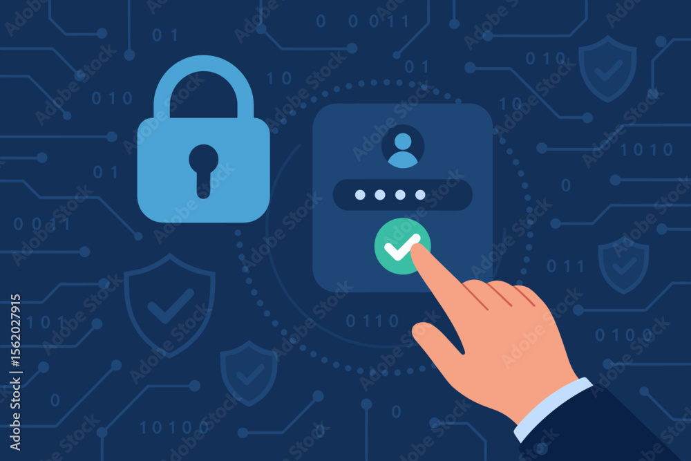 Poster cybersecurity concept illustration with login verification. hand confirming user identity with passw