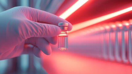 Symbolize of restricted lab. Hand holding a vaccine vial under neon lights.