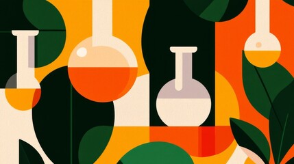Symbolize of restricted lab. Abstract composition featuring flasks and leaves in vibrant colors.
