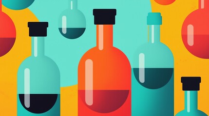 Symbolize of restricted lab. Colorful abstract bottles with varying liquid levels and shapes.