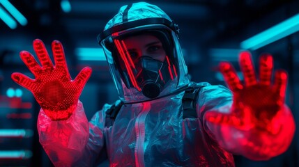 Symbolize of restricted lab. Person in protective suit with illuminated gloves in a futuristic setting.