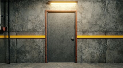 Symbolize of restricted lab. Industrial door against textured wall with lighting above.