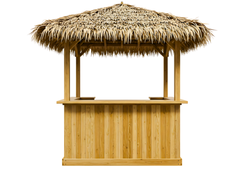 Wooden tiki bar with thatched roof and potted plants isolated on transparent background